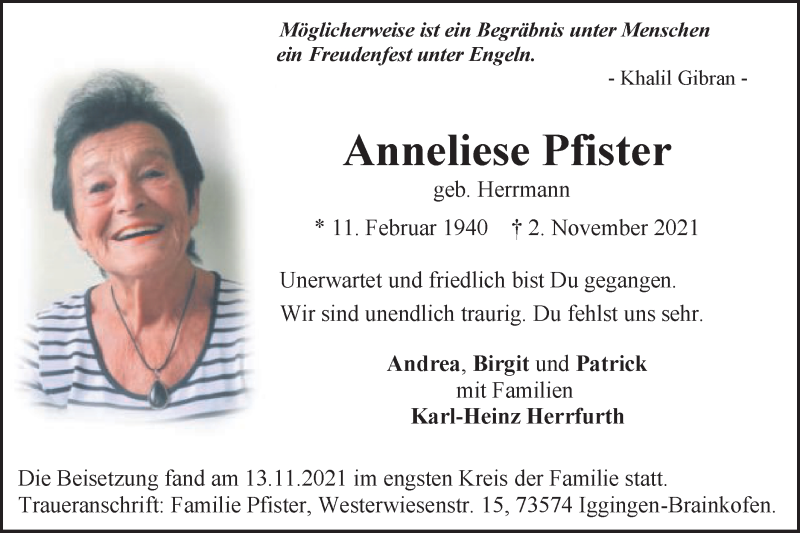  Traueranzeige für Anneliese Pfister vom 15.11.2021 aus Gmünder Tagespost