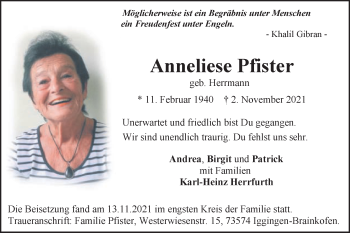 Traueranzeige von Anneliese Pfister von Gmünder Tagespost