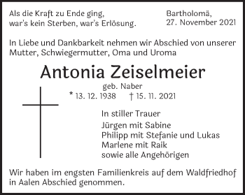 Traueranzeige von Antonia Zeiselmeier von Schwäbische Post