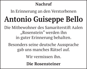 Traueranzeige von Antonio Guiseppe Bello von Schwäbische Post