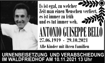 Traueranzeige von Antonio Guiseppe Bello von Schwäbische Post