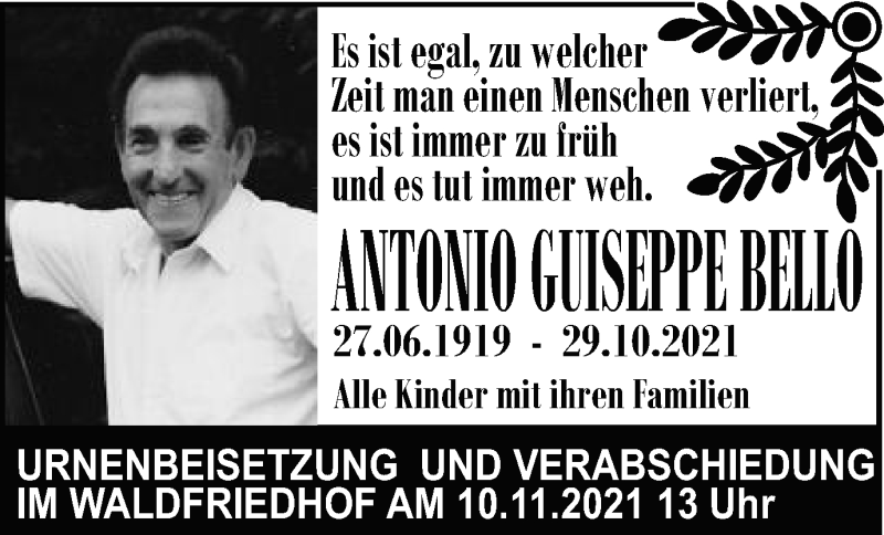  Traueranzeige für Antonio Guiseppe Bello vom 06.11.2021 aus Schwäbische Post