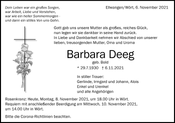 Traueranzeige von Barbara Deeg von Schwäbische Post