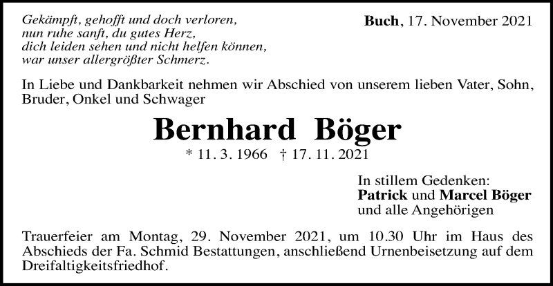  Traueranzeige für Bernhard Böger vom 25.11.2021 aus Gmünder Tagespost