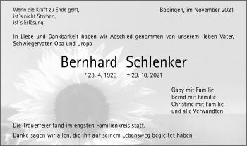Traueranzeige von Bernhard Schlenker von Gmünder Tagespost