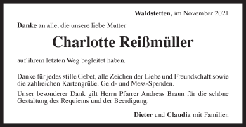 Traueranzeige von Charlotte Reißmüller von Gmünder Tagespost