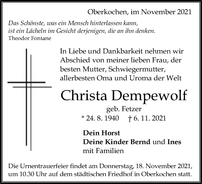  Traueranzeige für Christa Dempewolf vom 15.11.2021 aus Schwäbische Post
