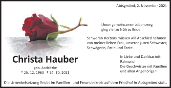 Traueranzeige von Christa Hauber von Schwäbische Post