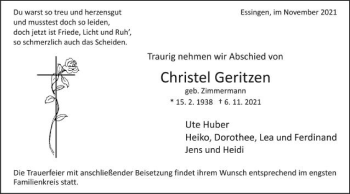 Traueranzeige von Christel Geritzen von Schwäbische Post