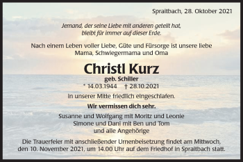 Traueranzeige von Christl Kurz von Gmünder Tagespost