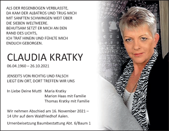 Traueranzeige von Claudia Kratky von Schwäbische Post