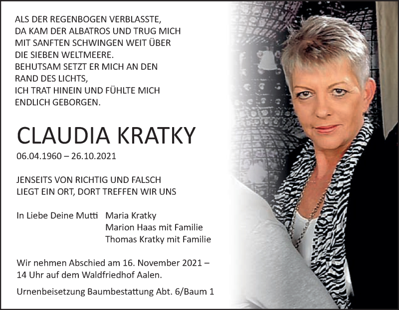  Traueranzeige für Claudia Kratky vom 10.11.2021 aus Schwäbische Post