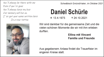 Traueranzeige von Daniel Schürle von Gmünder Tagespost
