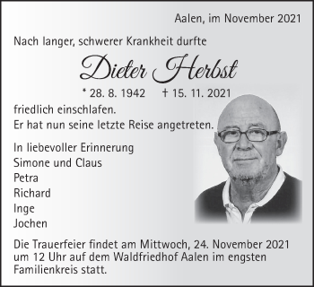 Traueranzeige von Dieter Herbst von Schwäbische Post