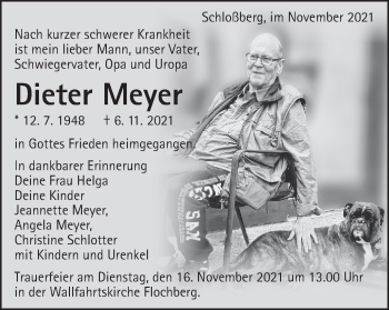 Traueranzeige von Dieter Meyer von Schwäbische Post