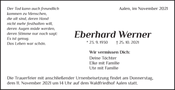 Traueranzeige von Eberhard Werner von Schwäbische Post