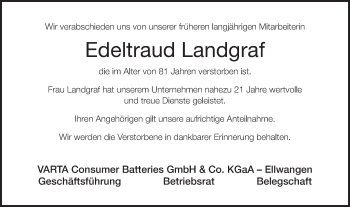 Traueranzeige von Edeltraud Landgraf von Schwäbische Post