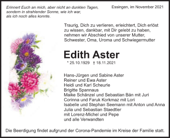 Traueranzeige von Edith Aster von Schwäbische Post