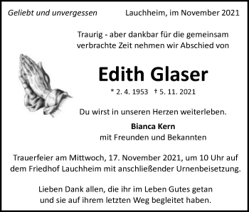 Traueranzeige von Edith Glaser von Schwäbische Post