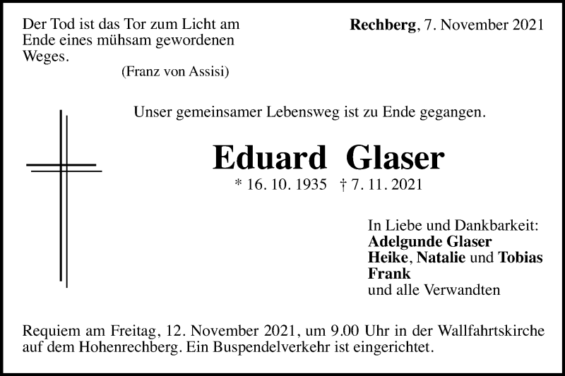  Traueranzeige für Eduard Glaser vom 10.11.2021 aus Gmünder Tagespost