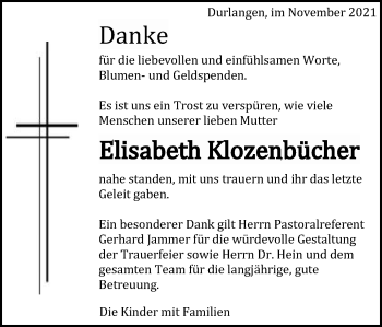Traueranzeige von Elisabeth Klozenbücher von Gmünder Tagespost