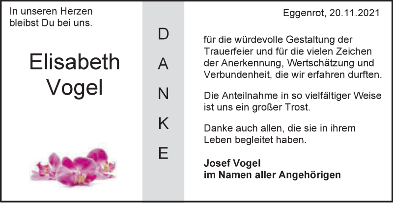  Traueranzeige für Elisabeth Vogel vom 20.11.2021 aus Schwäbische Post