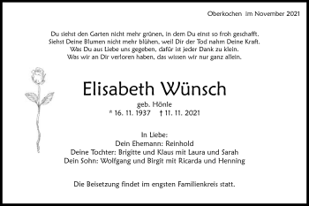 Traueranzeige von Elisabeth Wünsch von Schwäbische Post