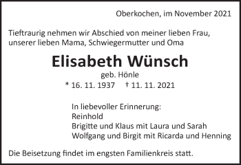 Traueranzeige von Elisabeth Wünsch von Amtsblatt_Oko