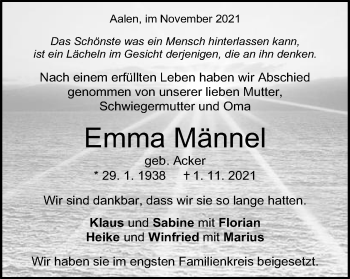 Traueranzeige von Emma Männel von Schwäbische Post