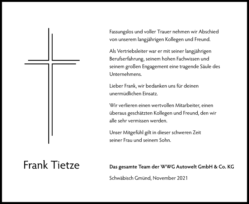  Traueranzeige für Frank Tietze vom 13.11.2021 aus Gmünder Tagespost