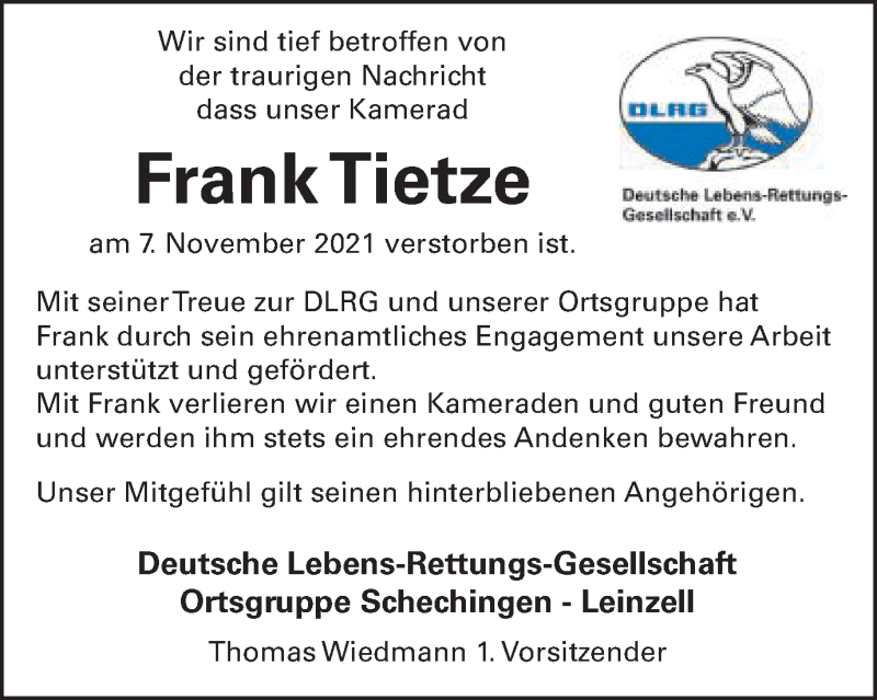  Traueranzeige für Frank Tietze vom 16.11.2021 aus Gmünder Tagespost