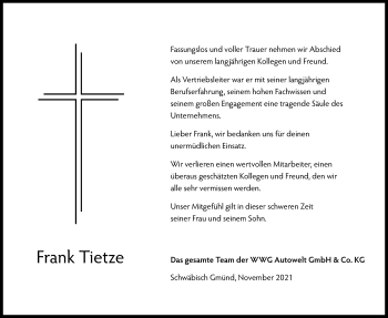 Traueranzeige von Frank Tietze von Gmünder Tagespost