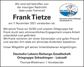 Traueranzeige von Frank Tietze von Gmünder Tagespost