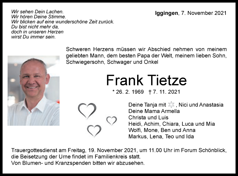  Traueranzeige für Frank Tietze vom 13.11.2021 aus Gmünder Tagespost