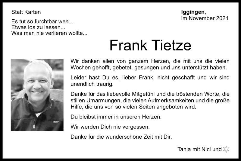  Traueranzeige für Frank Tietze vom 27.11.2021 aus Gmünder Tagespost