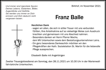 Traueranzeige von Franz Balle von Schwäbische Post