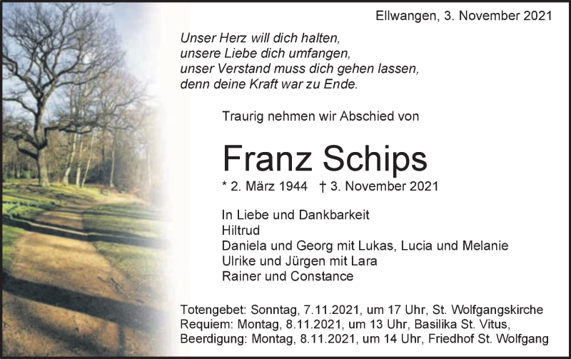  Traueranzeige für Franz Schips vom 05.11.2021 aus Schwäbische Post