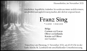 Traueranzeige von Franz Sing von Gmünder Tagespost