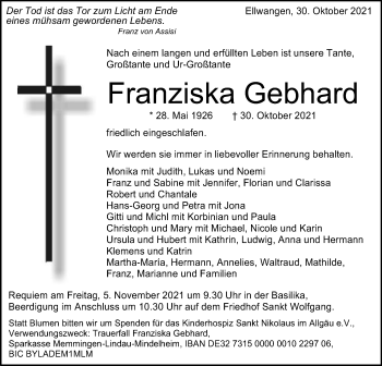 Traueranzeige von Franziska Gebhard von Schwäbische Post