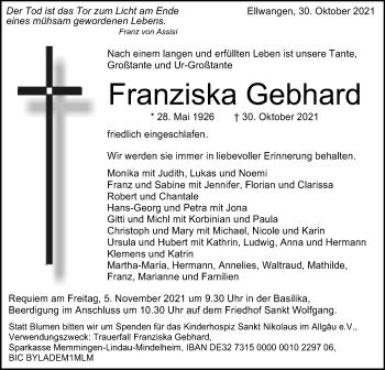 Traueranzeige von Franziska Gebhard