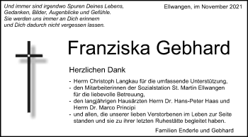 Traueranzeige von Franziska Gebhard von Schwäbische Post