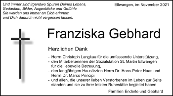 Traueranzeige von Franziska Gebhard