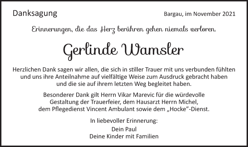  Traueranzeige für Gerlinde Wamsler vom 12.11.2021 aus Gmünder Tagespost