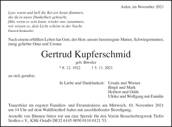 Traueranzeige von Gertrud Kupferschmid von Schwäbische Post