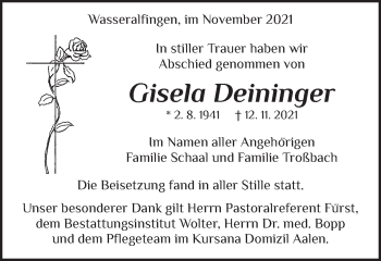 Traueranzeige von Gisela Deininger von Schwäbische Post