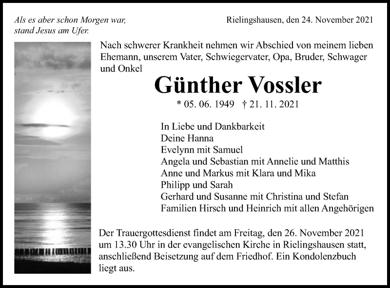  Traueranzeige für Günther Vossler vom 24.11.2021 aus Schwäbische Post