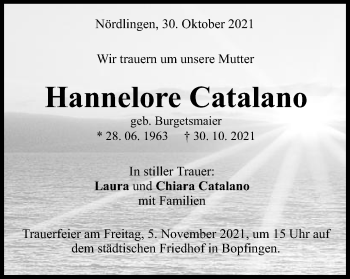 Traueranzeige von Hannelore Catalano von Schwäbische Post