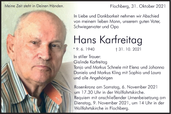 Traueranzeige von Hans Karfreitag von Schwäbische Post