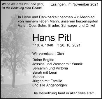 Traueranzeige von Hans Pitl von Schwäbische Post