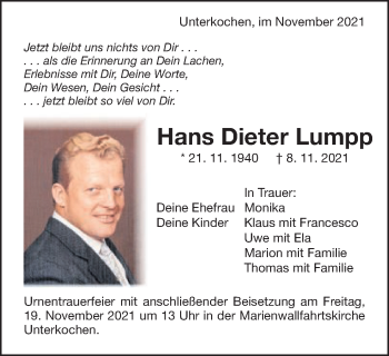 Traueranzeige von Hans Dieter Lumpp von Schwäbische Post